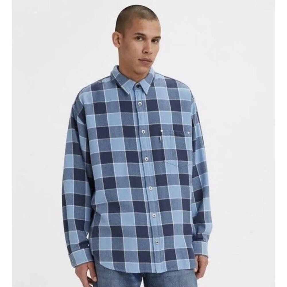 Levi’s Silver Tab Mens Plaid Oversized Long Sleeve Flannel Shirt Size L Blue New